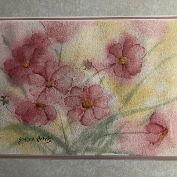 Joanne Harris water color painting pink flowers Nieleen metal frame wall decor - Picture 2 of 7